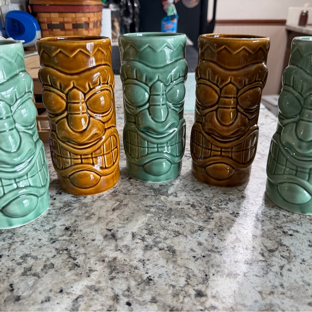 Tiki Ceramic Mugs Set - Green and Brown